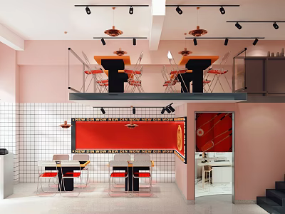 Stylish Two Level Restaurant Interior With Pink Walls Red Chairs Checkered Tiles And Hanging Lights 3d model