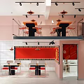 Stylish Two Level Restaurant Interior With Pink Walls Red Chairs Checkered Tiles And Hanging Lights