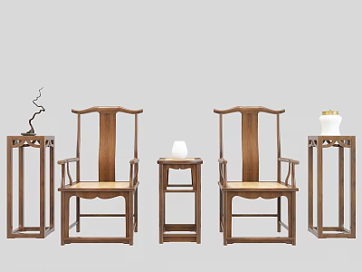 Traditional Chinese Wooden Armchairs with Side Tables and Decorative Vase Lamp 3d model