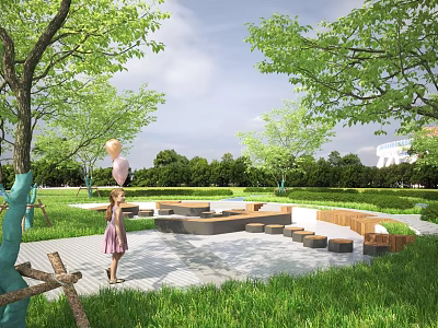 Beautiful Park Landscape With Lush Green Trees Open Grass Lawn And Rest Seating Area 3d model