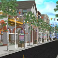Modern Commercial Street Featuring Glass Structure Street Lamps Trees And Colorful Storefronts