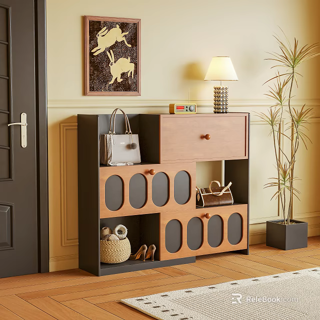 Wooden Shoe Cabinet With Drawer Open Shelves And Handbag Decor In Entryway 3d model 