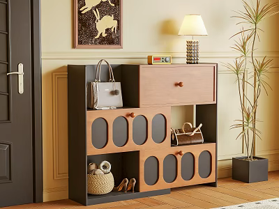 Wooden Shoe Cabinet With Drawer Open Shelves And Handbag Decor In Entryway 3d model
