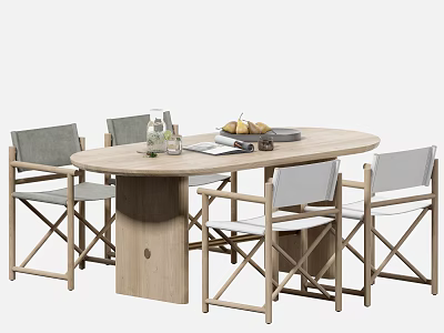 Oval Wooden Dining Table Set Featuring Four Gray Cushioned Chairs and Tabletop Vase with Fruit 3d model