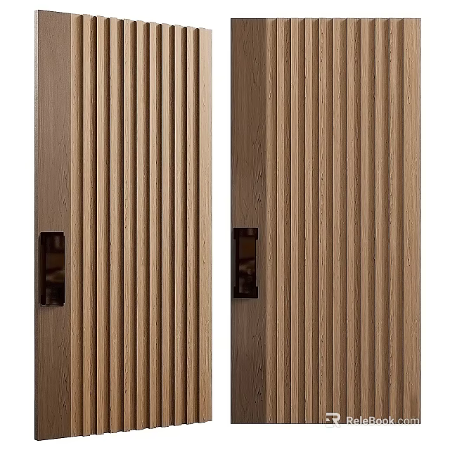 Light Wood Swing Door With Vertical Grooves And Modern Metal Handle 3d model 
