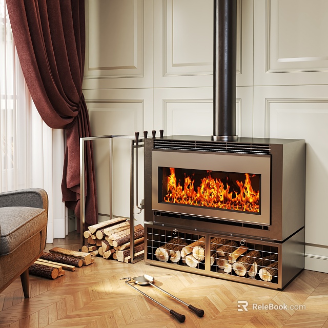 Modern Metal Fireplace With Burning Flames Wood Storage Logs And Red Curtains 3d model 