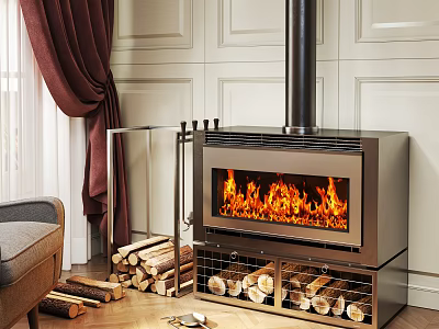 Simple Fireplace Combination Fireplace Tools Fireplace Single Chair Wooden Stick Wooden Board Tongs Fire Shovel 3d model