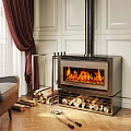 Modern Metal Fireplace With Burning Flames Wood Storage Logs And Red Curtains