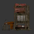 Rustic Wooden Storage Rack With Baskets Sacks Cloth Leather Chair And Wooden Chest
