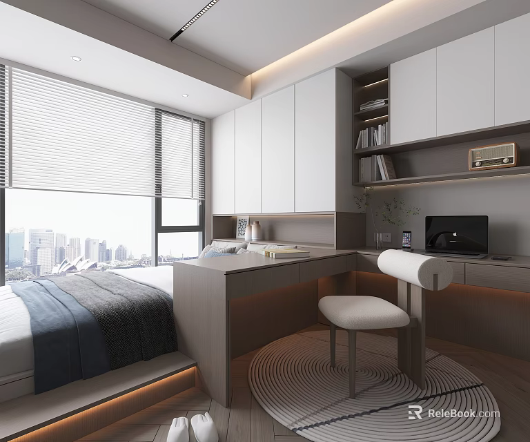 Modern Tatami Bedroom With Desk Chair Storage Cabinets And City View Through Window 3d model 