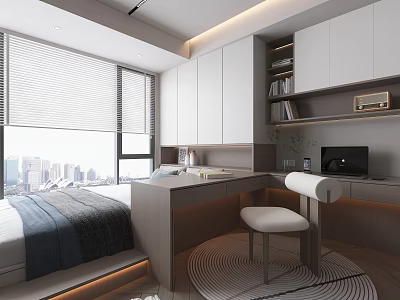 Modern Tatami Bedroom With Desk Chair Storage Cabinets And City View Through Window 3d model