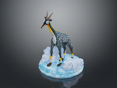 Decorative Antelope Figurine With Horns Black Yellow Spotted Body On Blue Icy Base 3d model