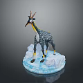 Decorative Antelope Figurine With Horns Black Yellow Spotted Body On Blue Icy Base