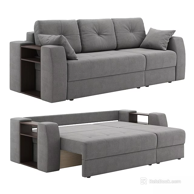Gray Fabric Two Seater Sofa With Storage Armrests And Comfortable Cushions 3d model 