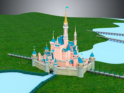 Pink Blue Spired Castle With Golden Tower Top On Green Lawn By Water And Bridge 3d model
