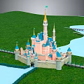 Pink Blue Spired Castle With Golden Tower Top On Green Lawn By Water And Bridge
