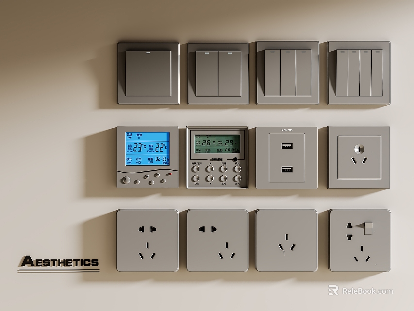 Modern Gray Switch Panels With Digital Display USB Ports Sockets And Aesthetic Design 3d model 