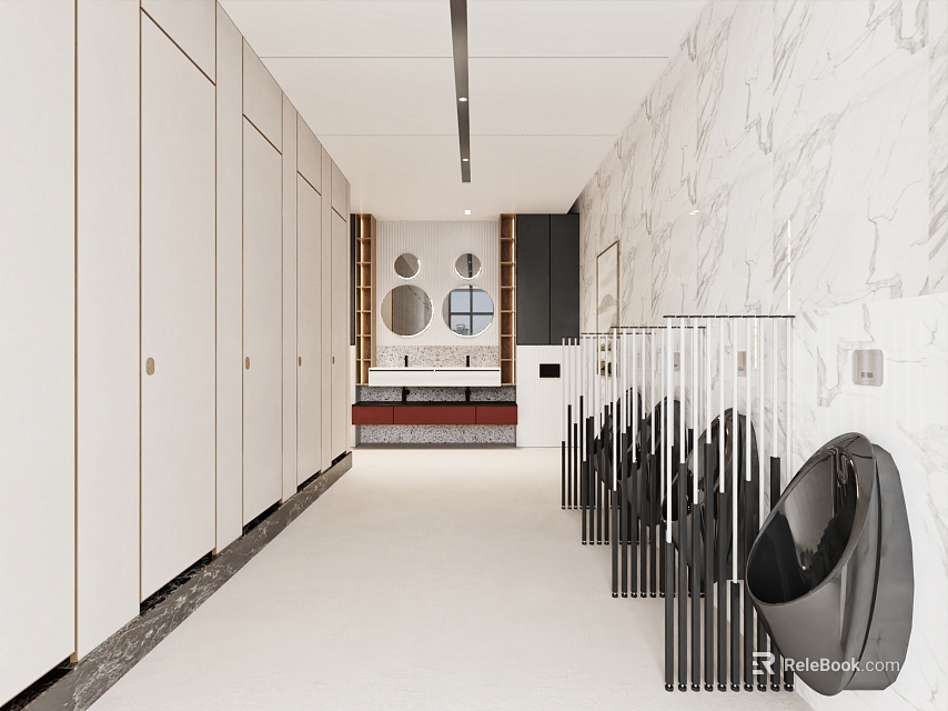 Modern Public Restroom With Marble Wall Storage Cabinets And Urinals 3d model 