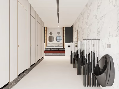Modern Public Restroom With Marble Wall Storage Cabinets And Urinals 3d model