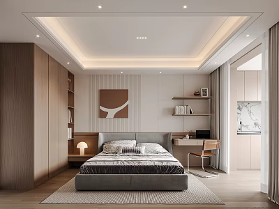Minimalist Bedroom Interior Design With Large Bed Wooden Bookshelf Desk Chair And Gray Rug 3d model