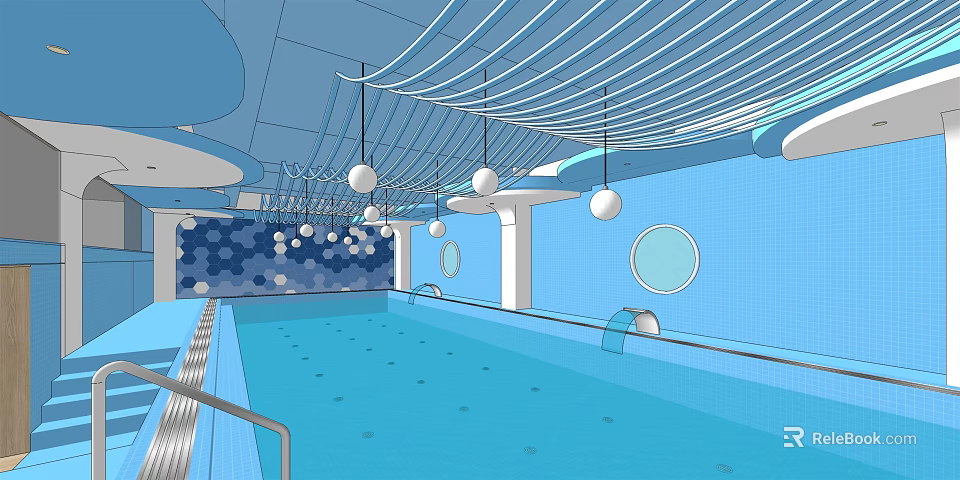 Indoor Swimming Pool With Blue Walls Ceiling White Lines Hanging Lights And Circular Windows 3d model 