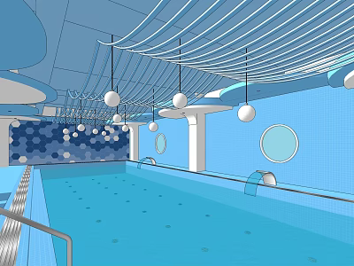 Indoor Swimming Pool With Blue Walls Ceiling White Lines Hanging Lights And Circular Windows 3d model