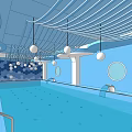 Indoor Swimming Pool With Blue Walls Ceiling White Lines Hanging Lights And Circular Windows