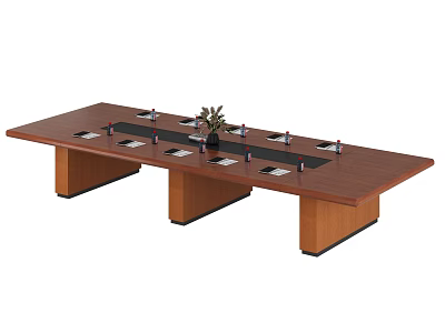 Modern Conference Room With Long Wooden Table Black Coasters And Green Plant 3d model