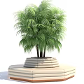 Unique Shaped Beige Sofa with Layered Stepped Base and Palm Plants on Top