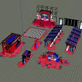 Red And Blue Stage Structure With Audience Seats And Multiple Areas Setup 3d model