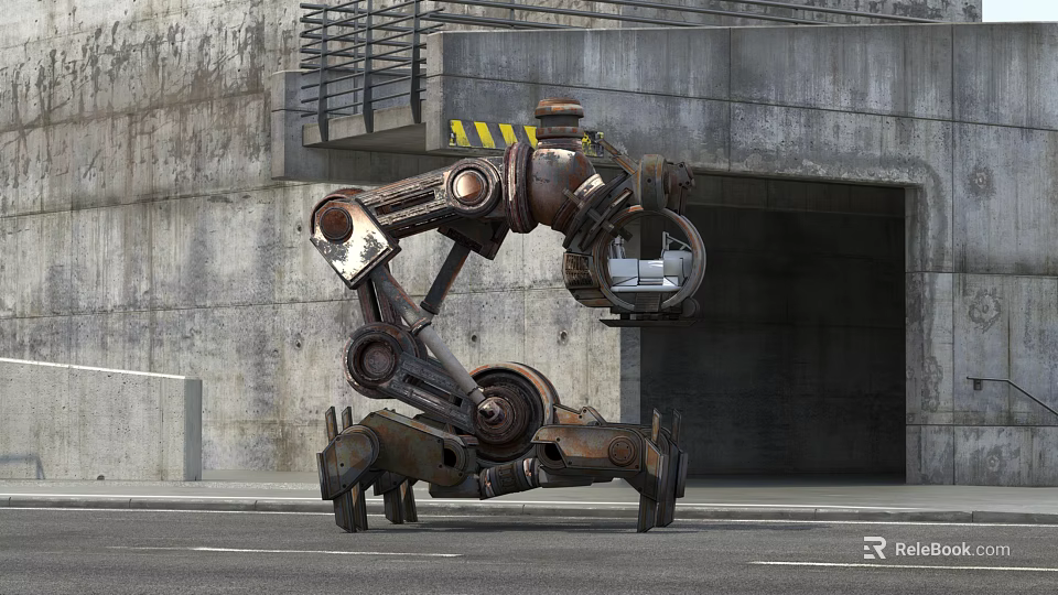 Smart Machine With Old Mechanical Arm Lifting Car Near Gray Concrete Wall And Tunnel Entrance 3d model 