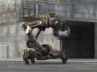 Smart Machine With Old Mechanical Arm Lifting Car Near Gray Concrete Wall And Tunnel Entrance 3d model