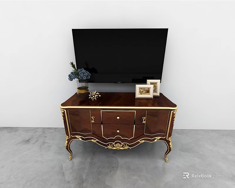 Luxury Wooden TV Stand With Flat Screen TV Photo Frames And Flower Vase 3d model 