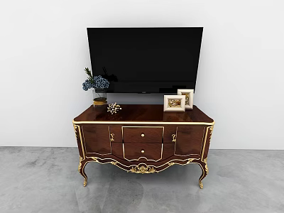 Luxury Wooden TV Stand With Flat Screen TV Photo Frames And Flower Vase 3d model