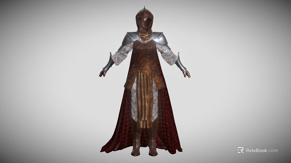 Medieval Game Movie Character Wearing Silver Armor With Red Brown Cloak And Helmet 3d model 
