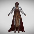 Medieval Game Movie Character Wearing Silver Armor With Red Brown Cloak And Helmet