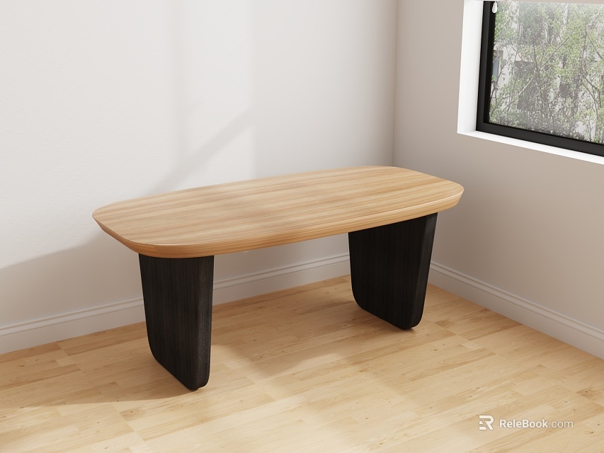 Oval Wooden Coffee Table With Black Legs On Light Wooden Floor Near Window 3d model 
