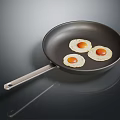 Black Frying Pan With Silver Handle And Three Fried Eggs On Dark Background 3d model