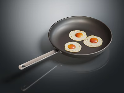 Black Frying Pan With Silver Handle And Three Fried Eggs On Dark Background 3d model
