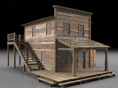 Two Story Wooden Building With Staircase Porch And Sloped Roof Design 3d model