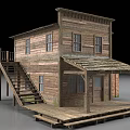 Two Story Wooden Building With Staircase Porch And Sloped Roof Design
