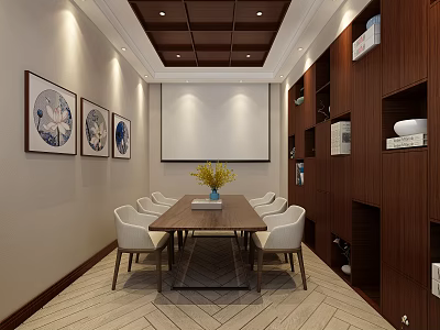 Modern Lounge Area With Long Table Chairs Wall Artworks Projection Screen And Wooden Cabinets 3d model