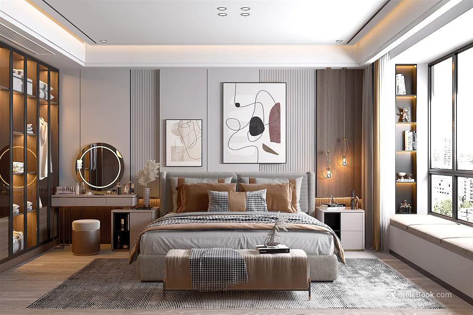 Modern Bedroom Interior With Large Bed Artwork Dressing Table And Window Seat 3d model