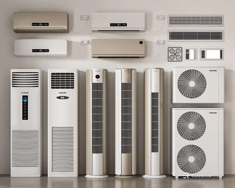 Different Types of Cooling Air Conditioners and Fans Featuring Wall Mounted Tower and Cabinet Models 3d model 