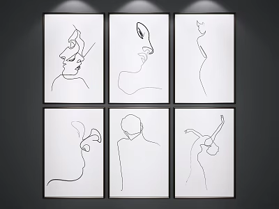 Minimalist Line Art Wall Decor With Black Framed Human Figure Drawings And Lighting 3d model