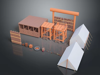 Wooden Furniture Set With Storage Cabin Shelves Tables Buckets And Pots 3d model