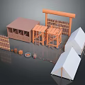 Wooden Furniture Set With Storage Cabin Shelves Tables Buckets And Pots