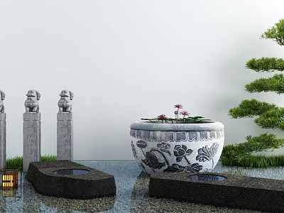 Garden Ornaments With Stone Statues Pillars Patterned Pot Lotus Flowers And Water Feature 3d model