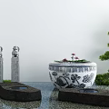 Garden Ornaments With Stone Statues Pillars Patterned Pot Lotus Flowers And Water Feature