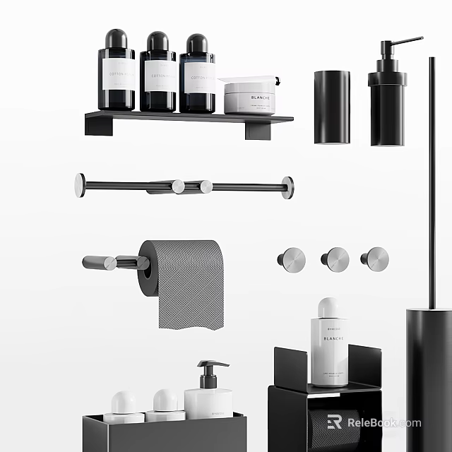 Modern Bathroom Interior With Black Shelf Towel Bar Toilet Paper Holder And Soap Dispenser 3d model 